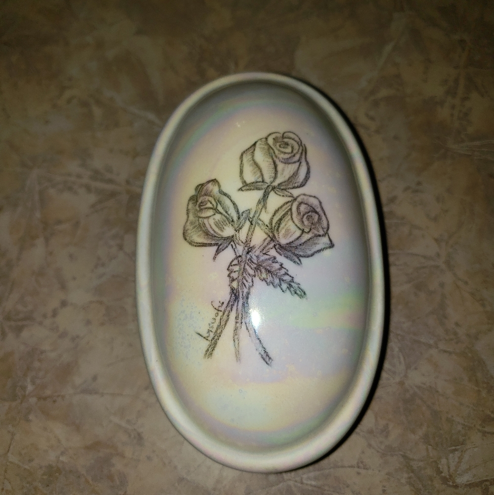Beautiful hand designed roses with irredescent finish trinket box.